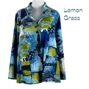 Lemon Grass Blues Greens Watercolor Print Coastal Grandma Jacket NWOT Size XL